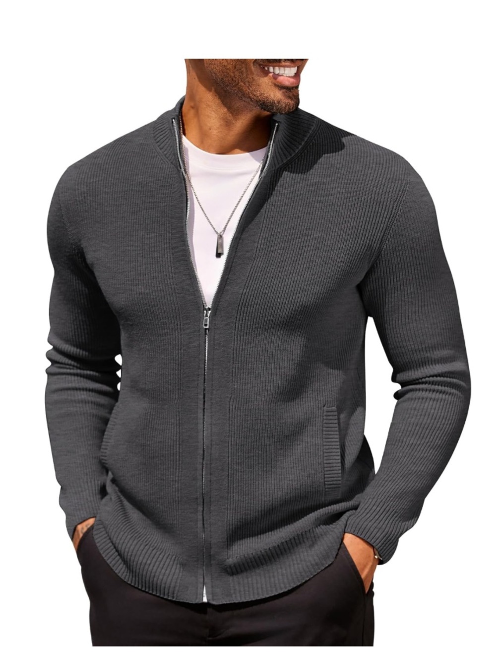 Mens Zip Up Cardigan Sweater Slim Fit Full Zipper Knit